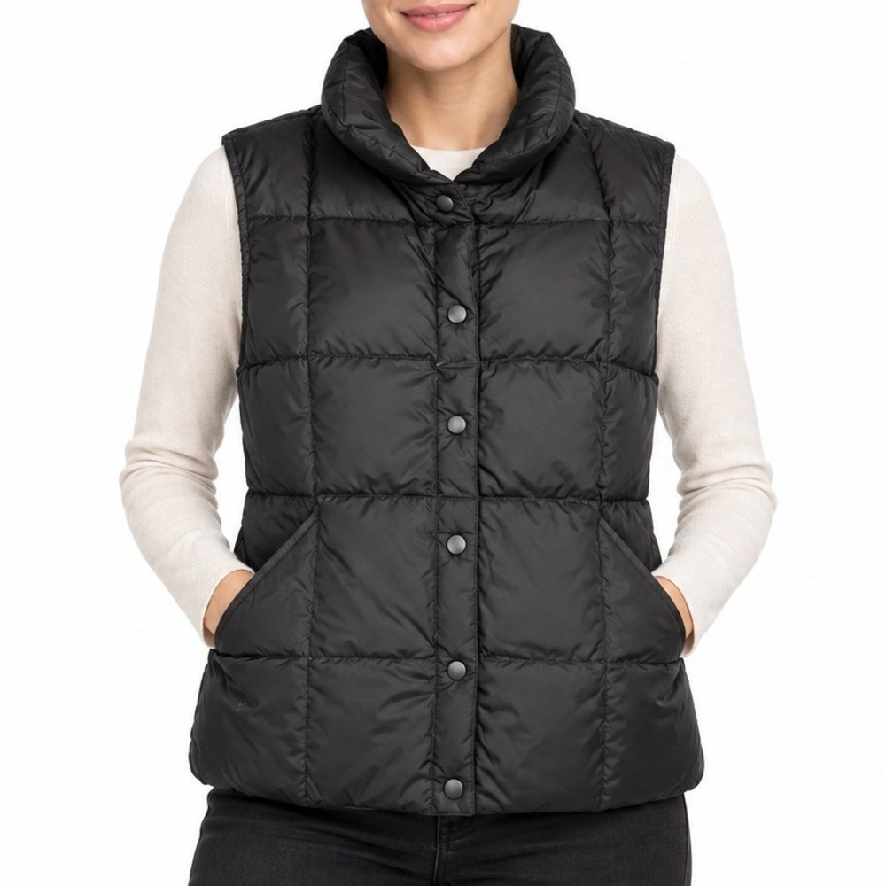 Lands End Puffer Vest Women S Black Goose Down Quilted Snap Front Outerwear